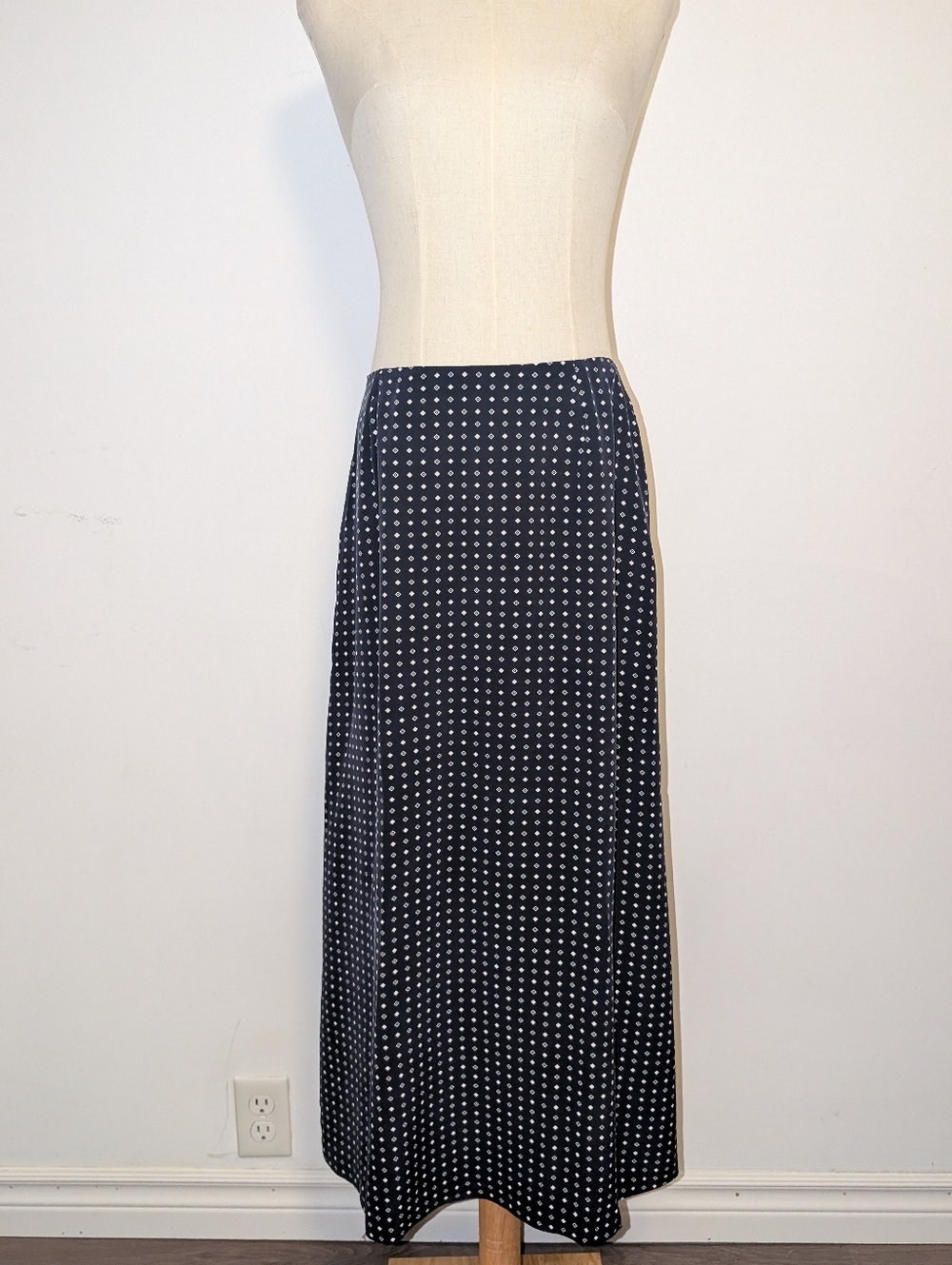 Talbots Silk Navy and White Polka Dot Midi Skirt
